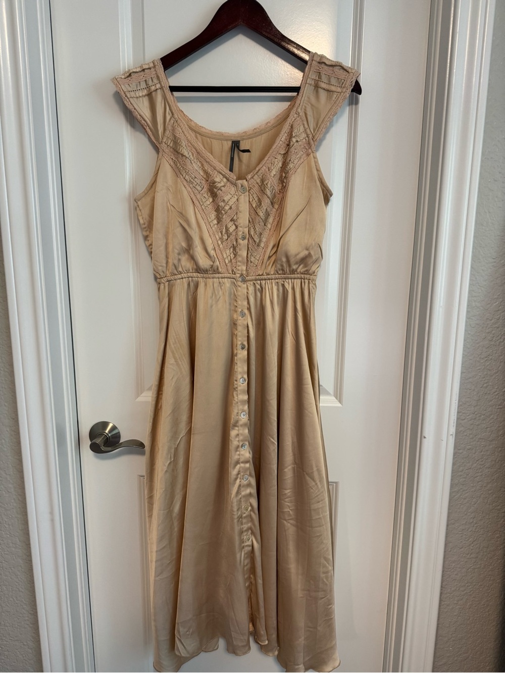 Anthropologie Beige Embroidered Button-Front Midi Dress